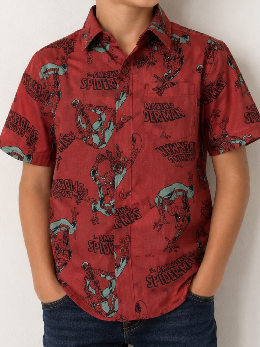 Marvel Amazing Spider-Man Button Up Shirt Boys Medium Red Comic Print